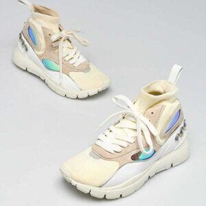Valentino White Leather and Fabric Crystal Embellished Knit High Top Sneakers